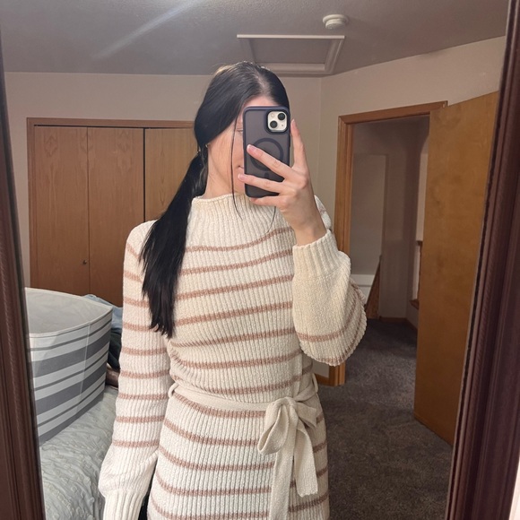 Allison Brittney Striped Sweater Dress - Midi - White and Brown Striped - Picture 2 of 13